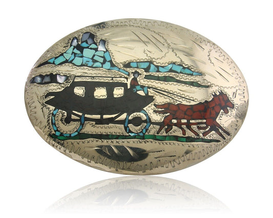 Navajo Belt Buckle .999 Nickel Gemstone Handmade Signed AL 3.0 x 4.0 in C.80s