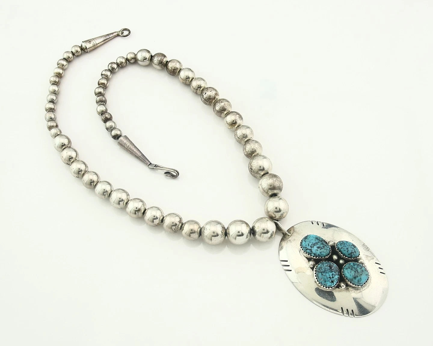 Navajo Bead Necklace Sterling Silver Fine Spiderweb Turquoise Signed D