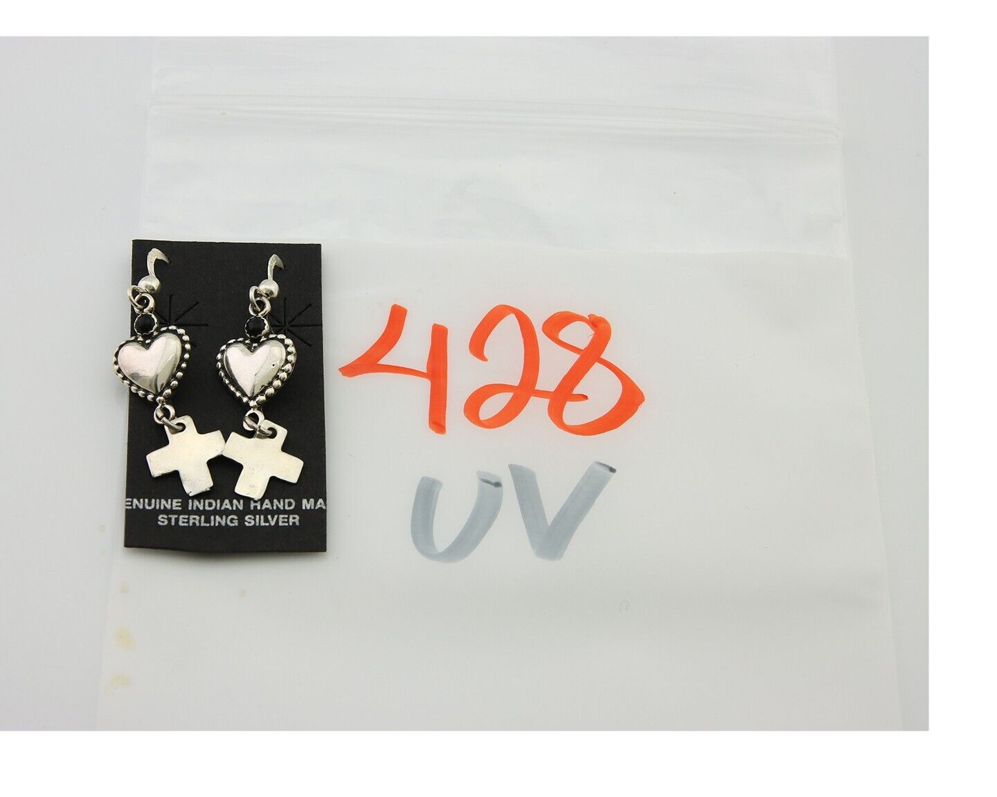 Navajo Earrings 925 Silver Heart Cross Natural Onyx Native American Artist C.80s