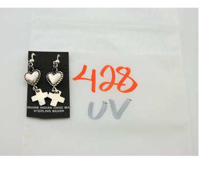 Navajo Earrings 925 Silver Heart Cross Natural Onyx Native American Artist C.80s