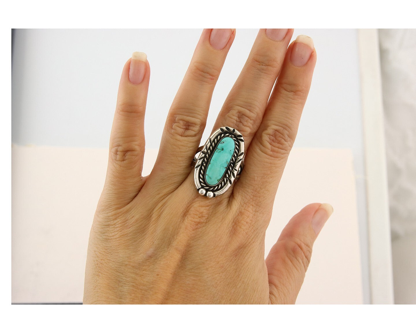 Navajo Ring 925 Sterling Natural Mined Turquoise Handmade C.80's Size 9.5