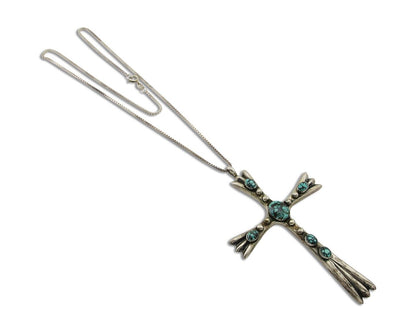 Navajo Sand Cast Cross Pendant 925 Silver Turquoise Signed FJ Begay C.80's