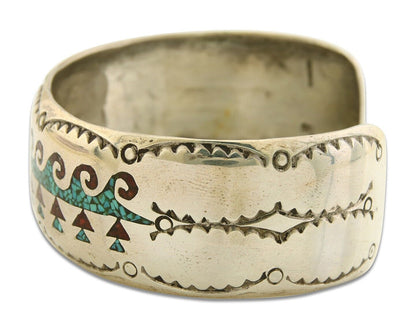 Men Navajo Bracelet 925 Silver Inlaid Coral & Turquoise Artist Signed LB C.80's