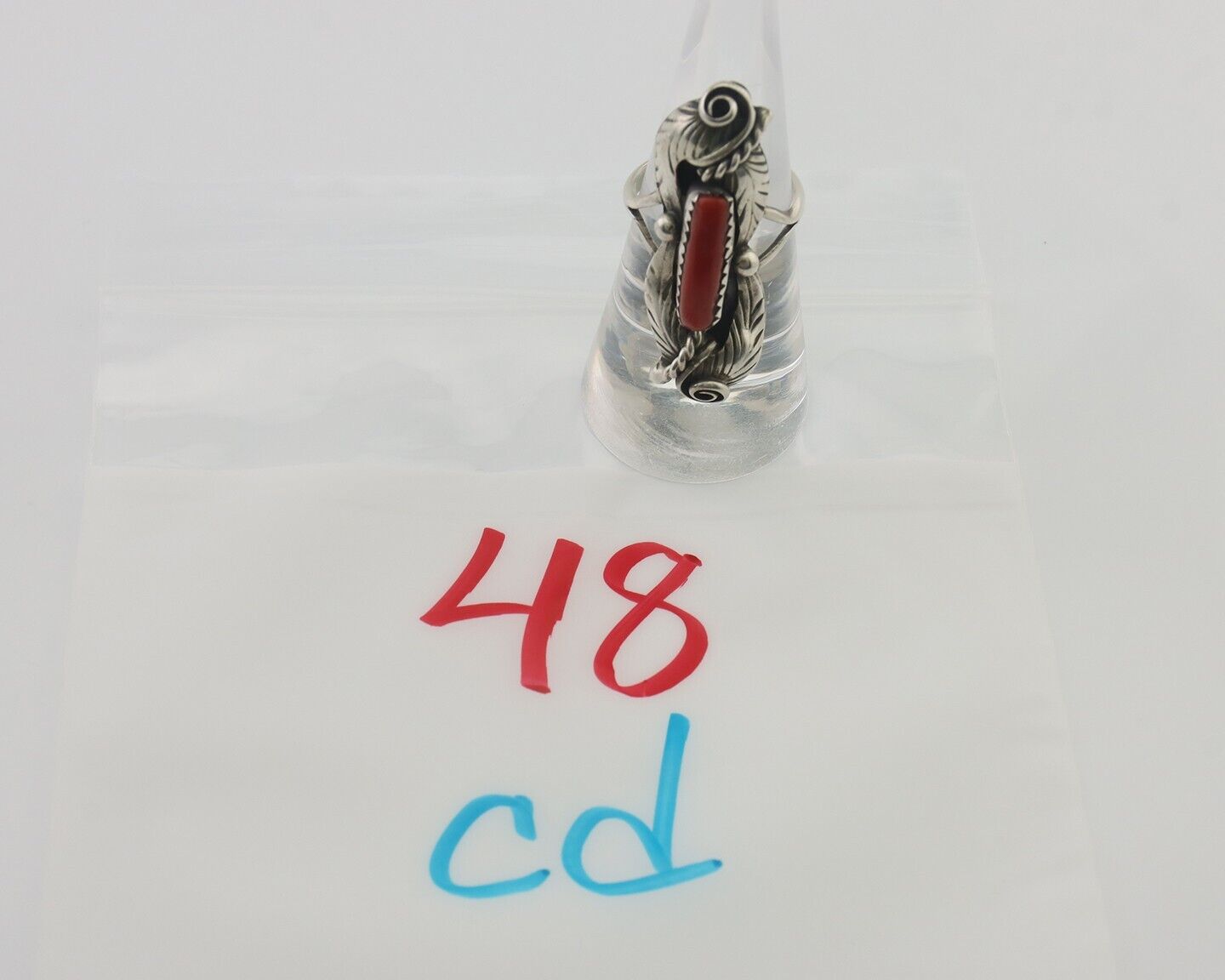 Navajo Handmade Ring 925 Silver Natural Mediterranean Coral Signed Duffy C.80's