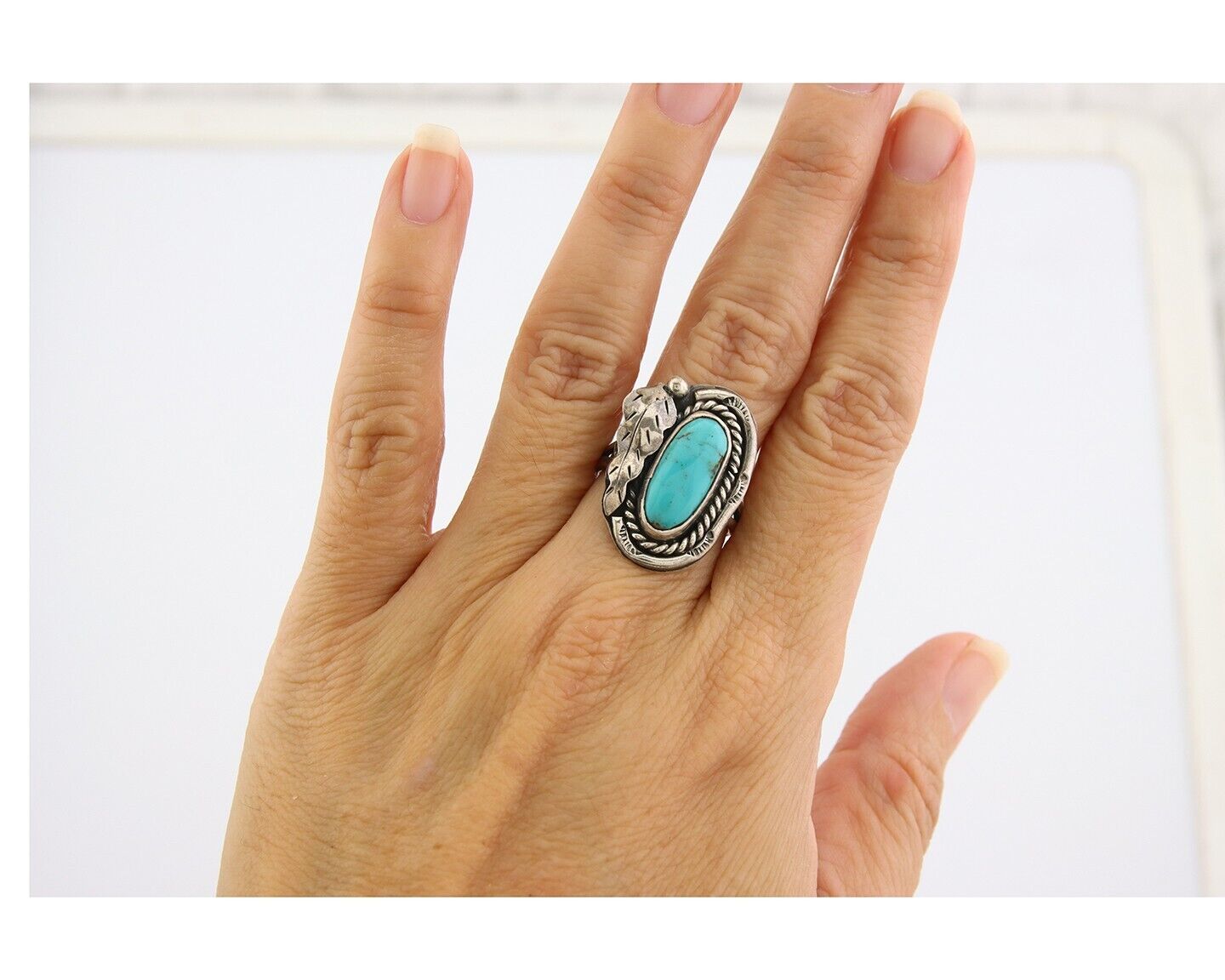 Navajo Ring 925 Sterling Natural Blue Turquoise Signed J.J. C.80's Size 7.35