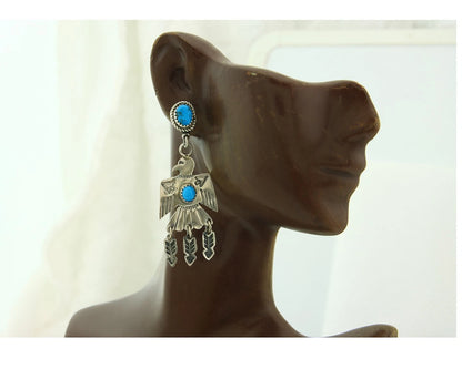 Navajo Bird Earrings Sterling Silver Natural Turquoise Signed J