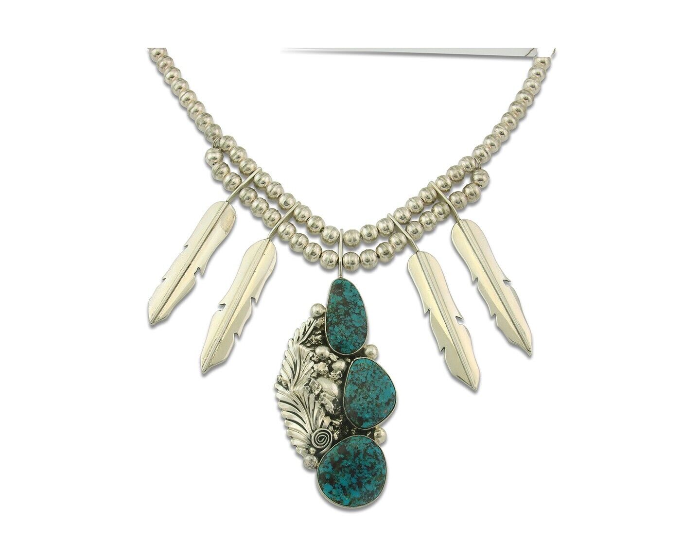 Vintage Navajo Bead Necklace 925 Siilver Turquoise Signed Ben S & LSP