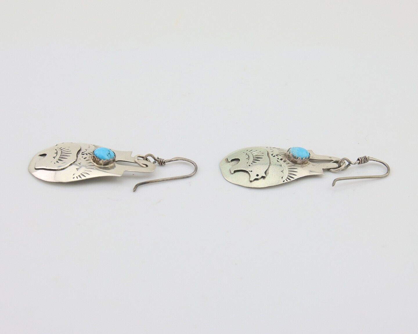 Navajo Dangle Earrings 925 Silver Natural Turquoise Artist Signed L. Ramon C.80s