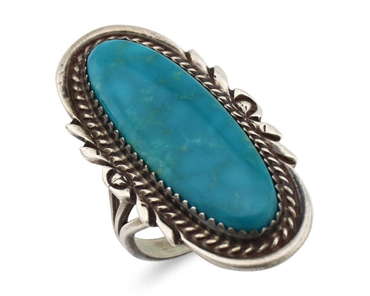 Navajo Ring 925 Silver Natural Blue Turquoise Artist Signed TALHAT C.80's