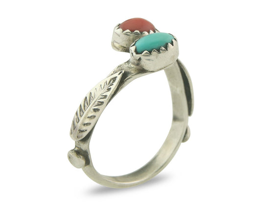 Vintage Navajo Band 925 Sterling Turquoise & Coral Native Artist Size Size 7.5