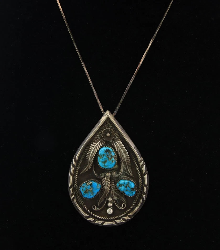 Navajo Necklace Sterling Silver Turquoise Vintage Signed L.D. Old Pawn