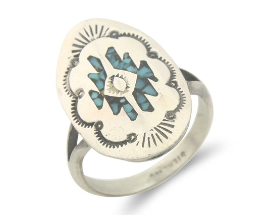 Navajo Ring 925 Sterling Natural Chip Inlay Turquoise C.80's Size 6.0