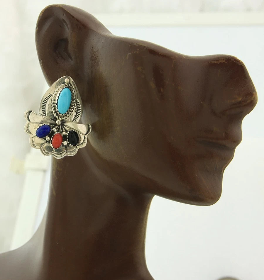 Navajo Dangle Earrings Sterling Silver Natural Gemstones Vintage Handmade
