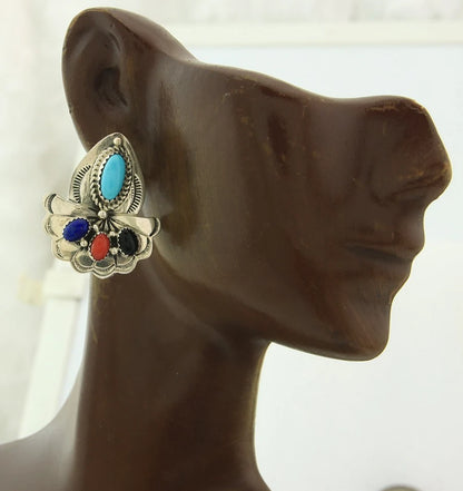 Navajo Dangle Earrings Sterling Silver Natural Gemstones Vintage Handmade