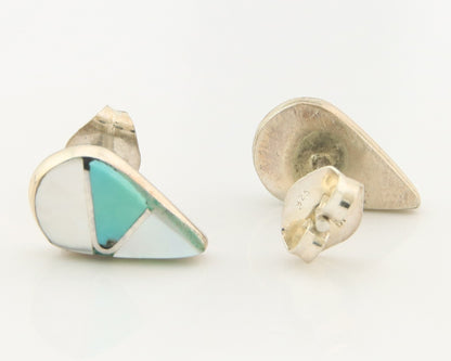 Navajo Earrings Sterling Silver Inlaid Turquoise & MOP Vintage Handmade
