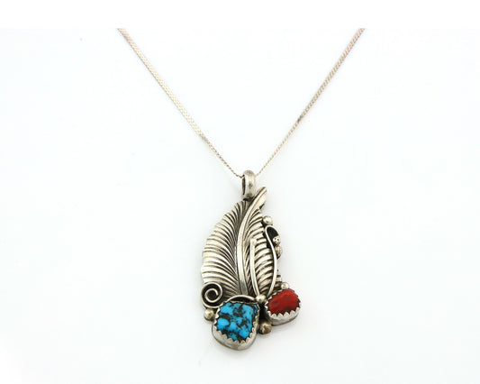 Navajo Necklace Sterling Silver Turquoise & Coral Authentic Vintage Handmade