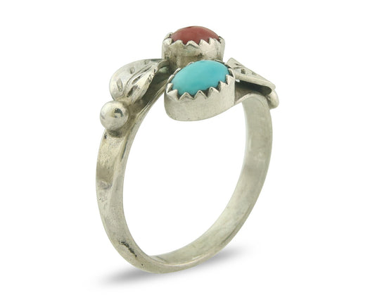 Vintage Navajo Ring 925 Sterling Turquoise & Coral Native Artist Size Adjustable