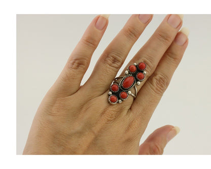 Navajo Ring 925 Silver Mediterranean Coral Native American Artist C.80's