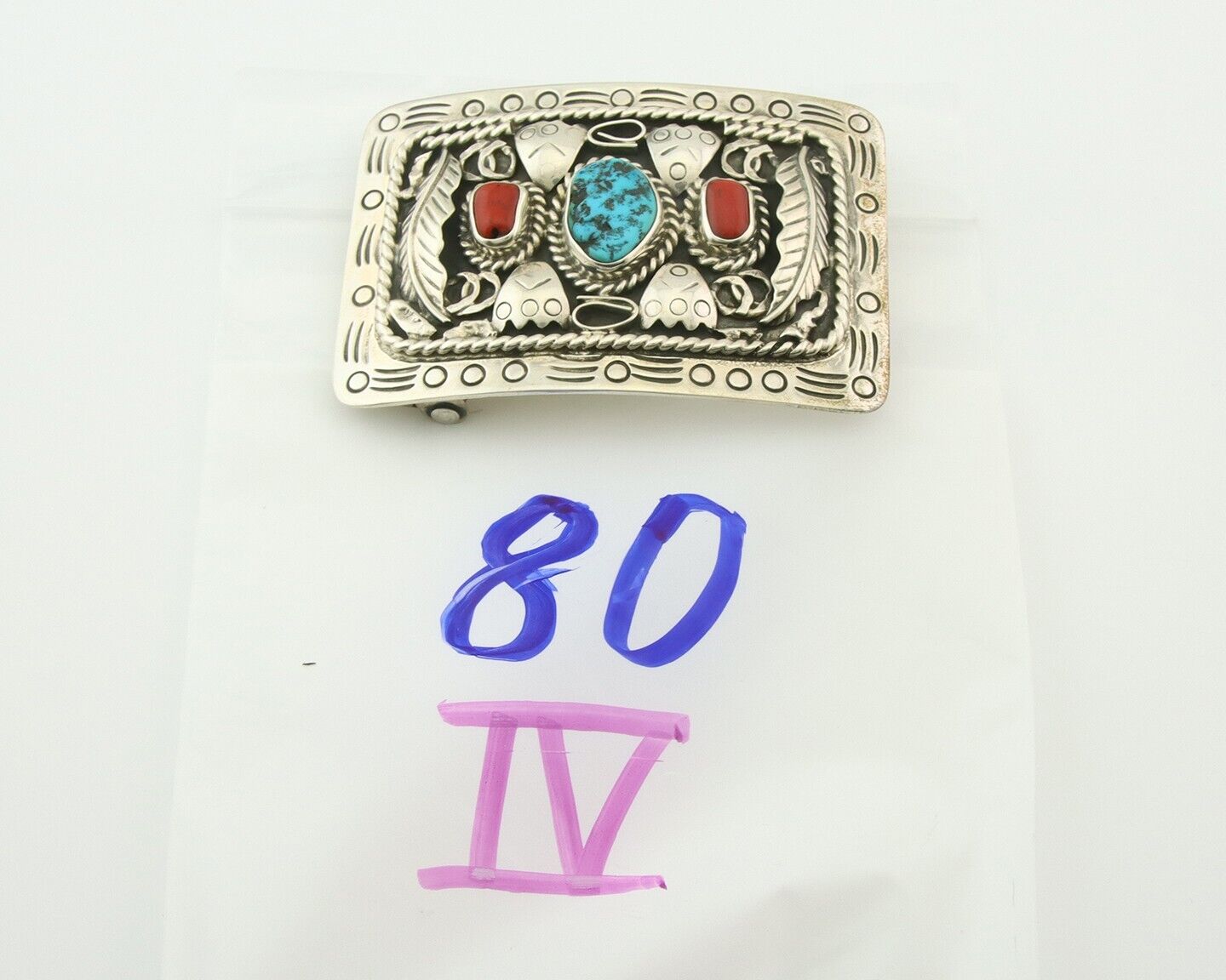 Vintage Navajo Belt Buckle 925 Silver Cluster Natural Gemstone Signed Teepee