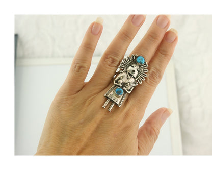 Vintage Navajo Kachina Ring 925 Sterling Turquoise Signed Gomez Size 8.25