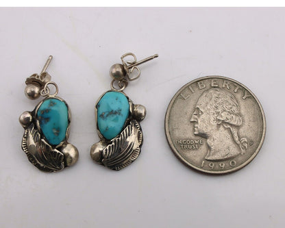 Zuni Dangle Handmade Earrings 925 Silver Blue Turquoise Native Artist C.80's