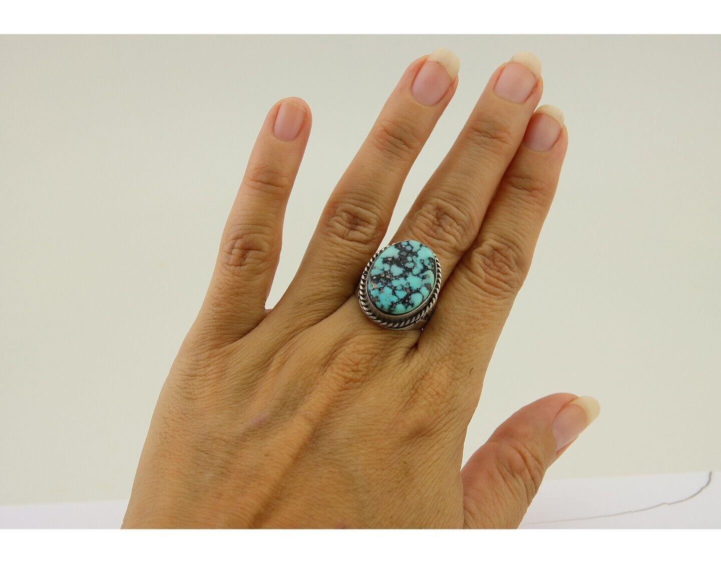 Navajo Ring 925 Sterling Silver Spiderweb Turquoise Native American Artist C.80s
