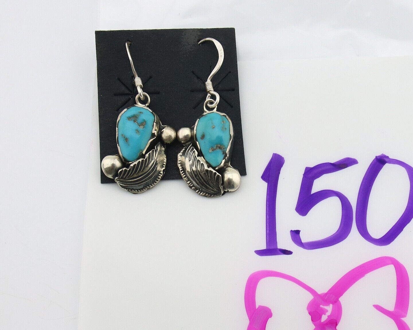 Zuni Dangle Handmade Earrings 925 Silver Blue Turquoise Native Artist C.80's