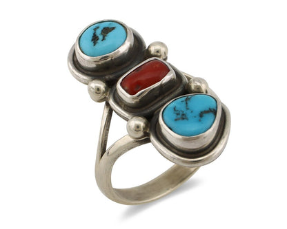 Navajo Ring 925 Silver Sleeping B Turquoise & Coral Native American Artist C.80s