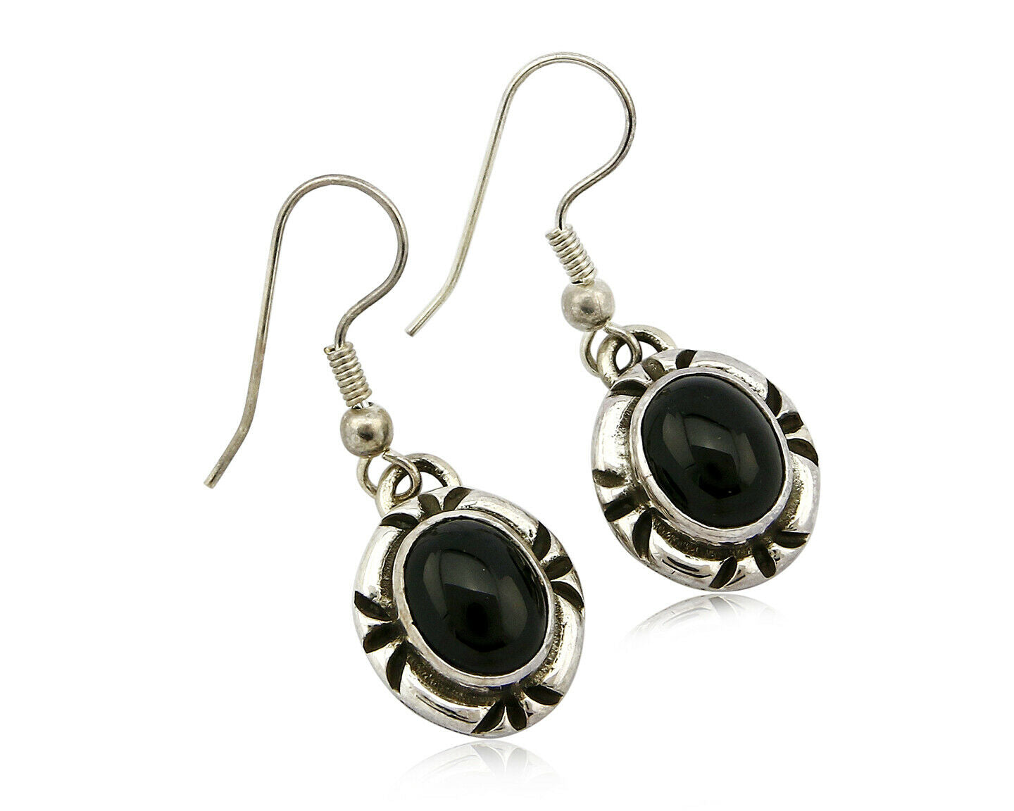 Navajo Hand Stamped Natural Mined Black Onyx .925 SOLID Silver Dangle Earrings