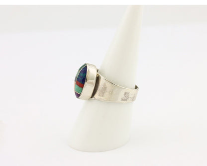 Zuni Inlaid Ring 925 Silver Mixed Natural Gemstones Native American Artist C.80s