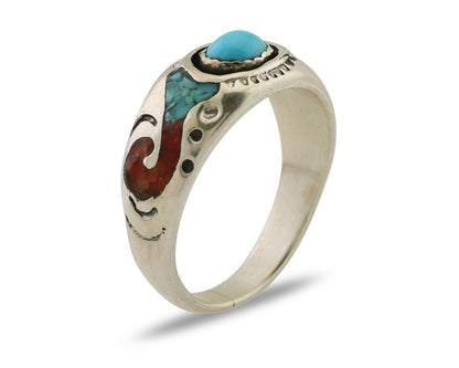 Navajo Ring 925 Silver Turquoise & Coral Natural American Artist C.80's