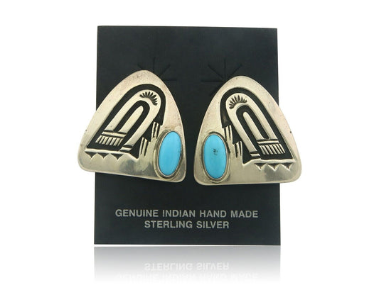Navajo Earrings 925 Silver Natural Turquoise Artist Signed AL C.80's