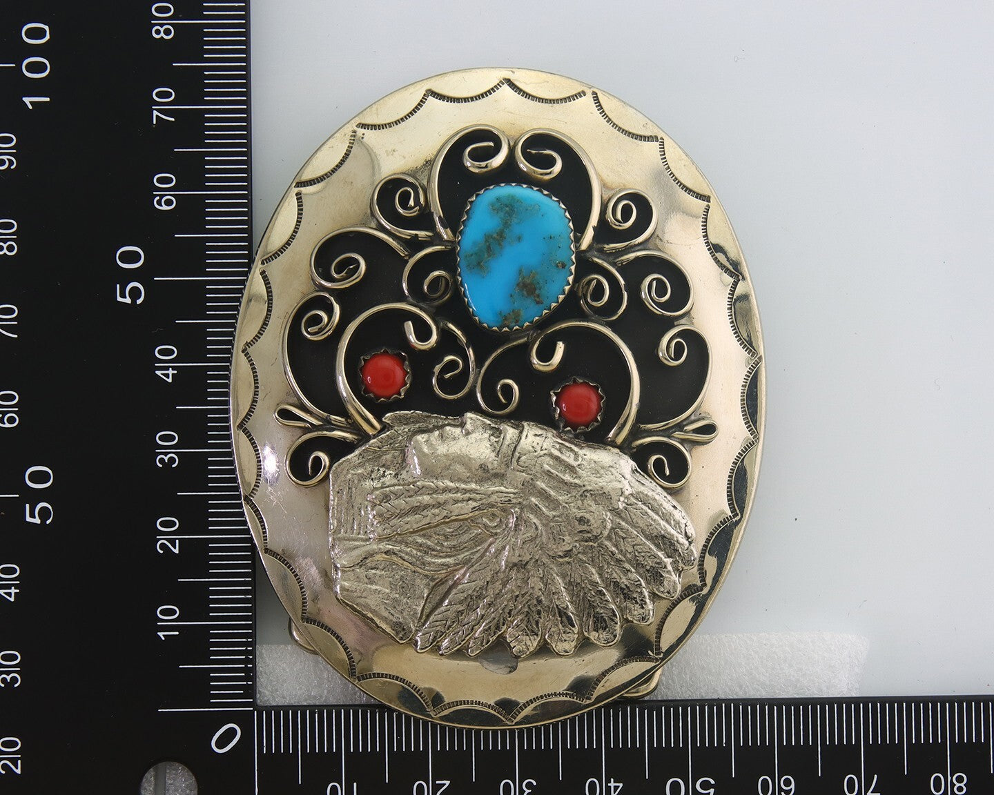 Navajo Belt Buckle .999 Nickel Buffalo Gemstone Signed 2.35 x 3.0 in C.80's