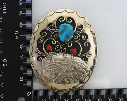 Navajo Belt Buckle .999 Nickel Buffalo Gemstone Signed 2.35 x 3.0 in C.80's
