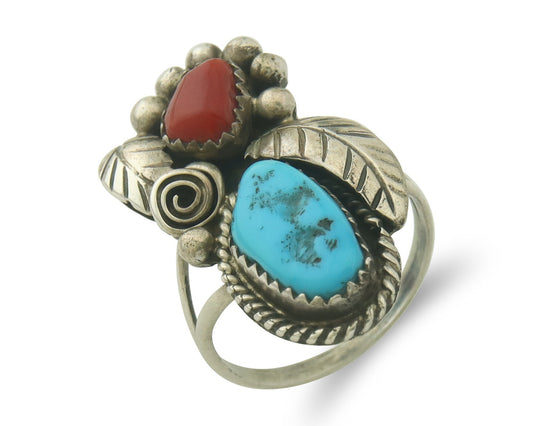 Vintage Navajo Ring 925 Sterling Natural Coral & Turquoise Native Artist Sz 6.75