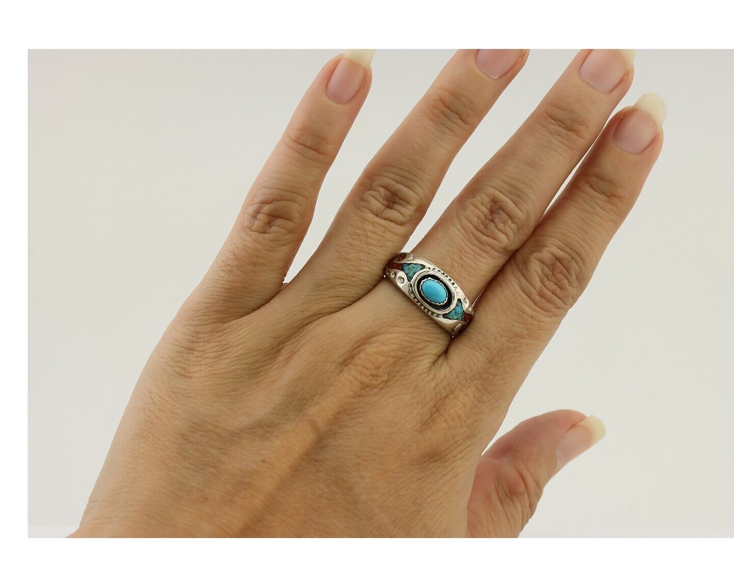 Navajo Ring 925 Silver Turquoise & Coral Natural American Artist C.80's