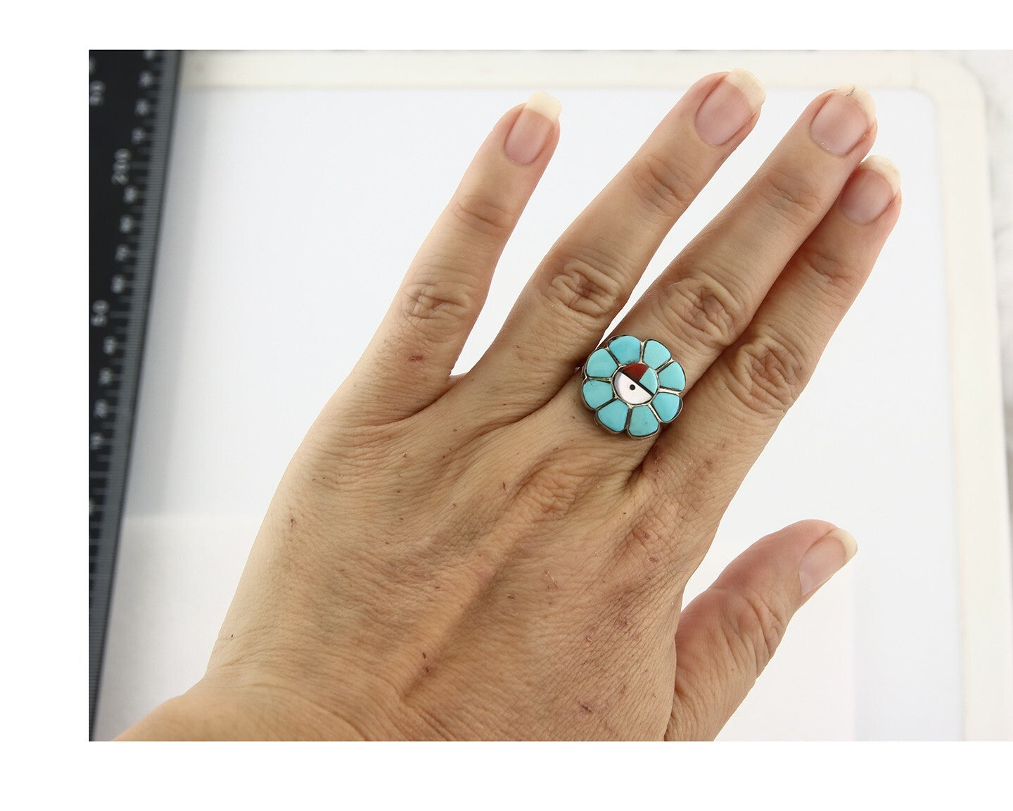 Vintage Zuni Ring 925 Sterling Silver Natural Gemstone Signed JV Size 7.75