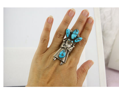 Vintage Navajo Ring Sterling Silver Turquoise Handmade Signed MO Size 10.5