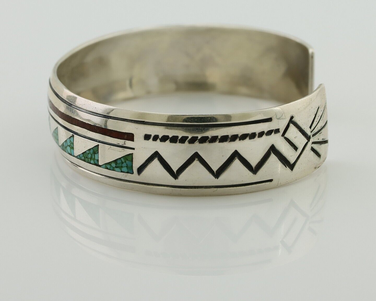 Navajo Inlay Bracelet 925 Silver Turquoise & Coral Signed Stanely Bain C.80's