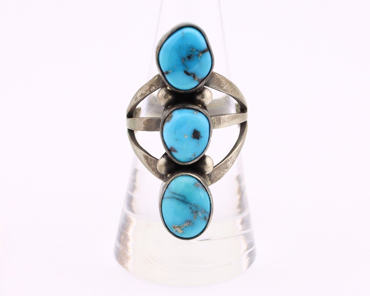 Navajo 3 Stone Ring 925 Silver Blue Turquoise Native American Artist C.80's