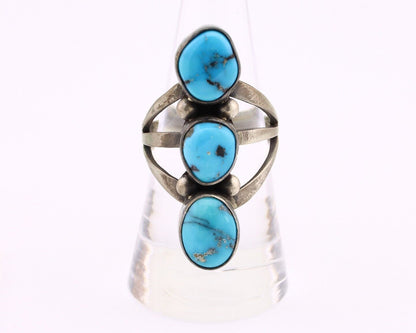 Navajo 3 Stone Ring 925 Silver Blue Turquoise Native American Artist C.80's