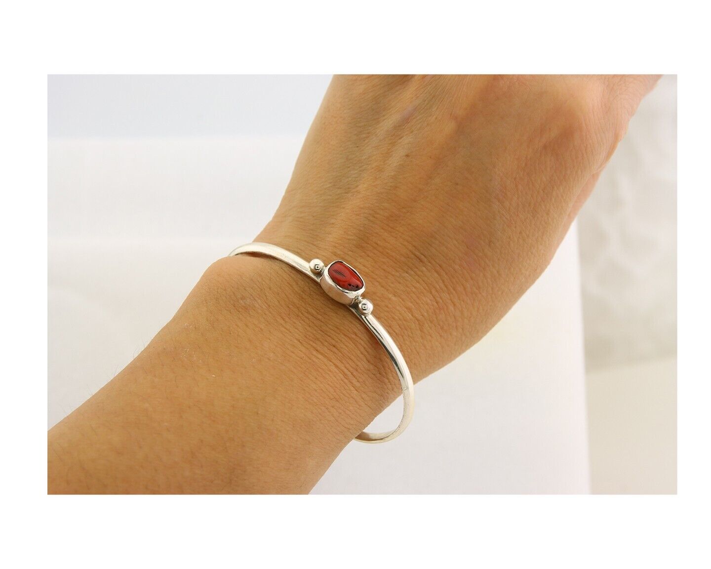 Navajo Bracelet .925 Silver Natural Red Coral Cuff Native American Artist C.80's