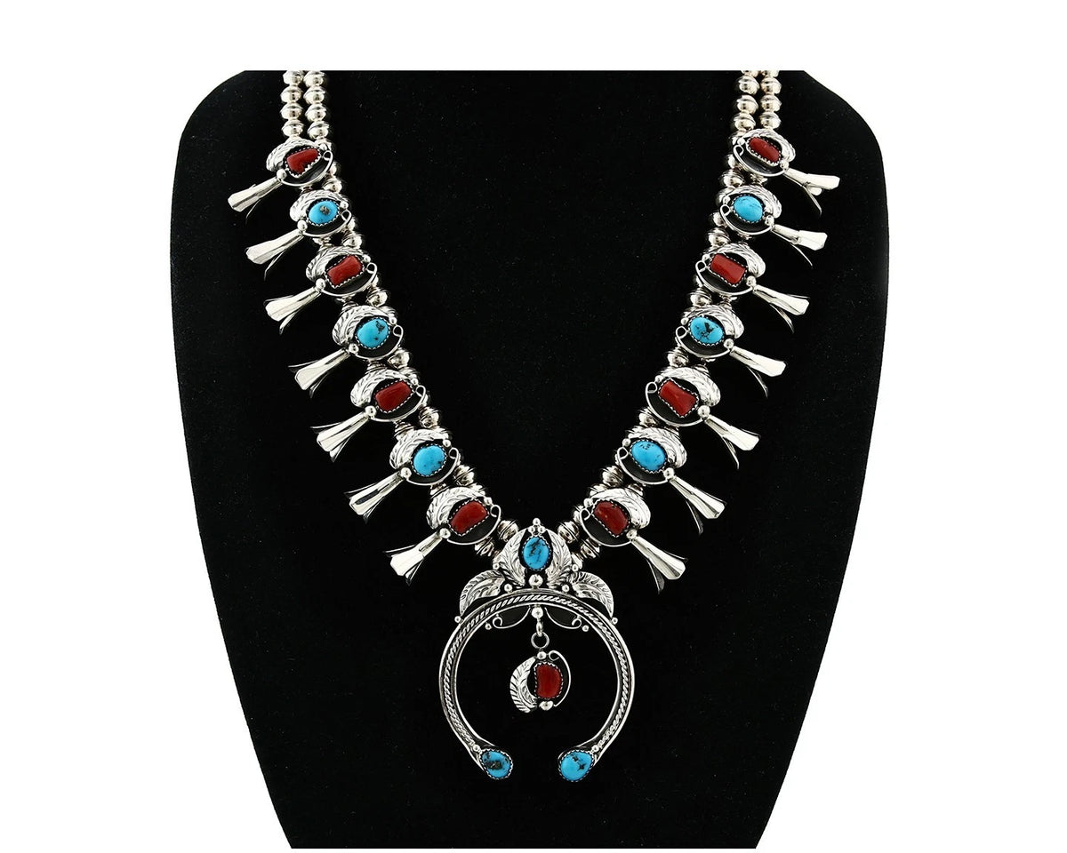 Navajo Squash Necklace Earring Set Sterling Silver Gemstones Signed C Davis C80s