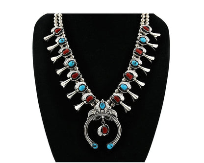 Navajo Squash Necklace Earring Set Sterling Silver Gemstones Signed C Davis C80s