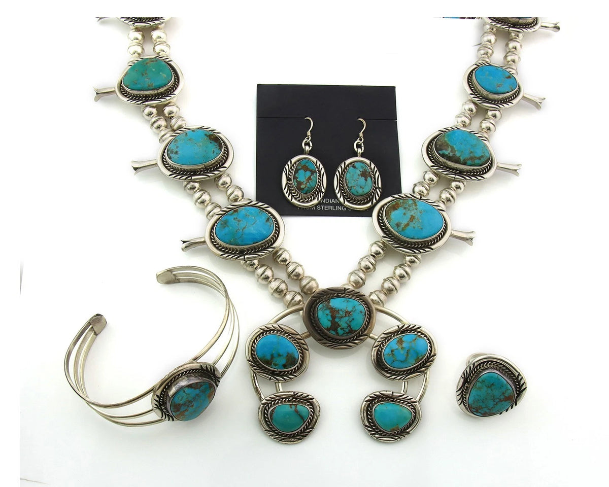 Navajo Squash Necklace Set Sterling Silver Turquoise Authentic Signed K Henry