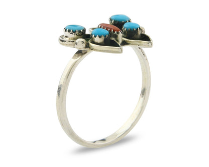 Navajo Butterfly Ring 925 Sterling Silver Authentic Turquoise & Coral Size 8.0
