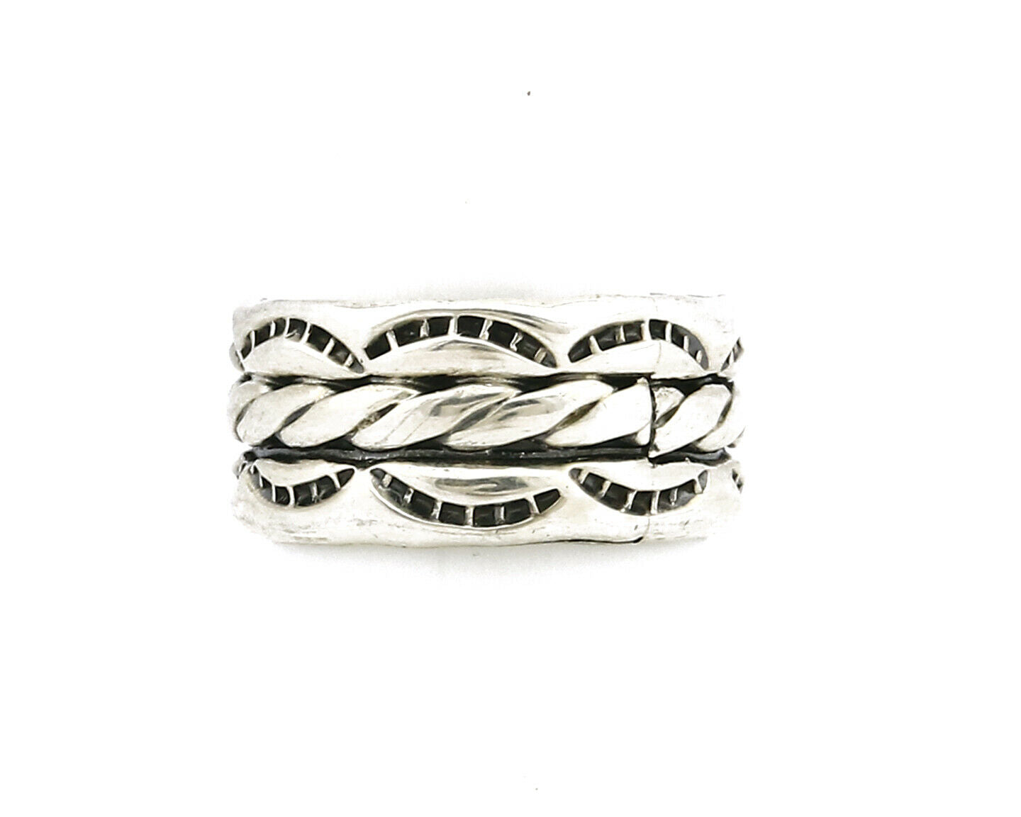 Navajo Ring .925 Silver Handmade Hand Stamped 3 Row Rope Band C.1980's