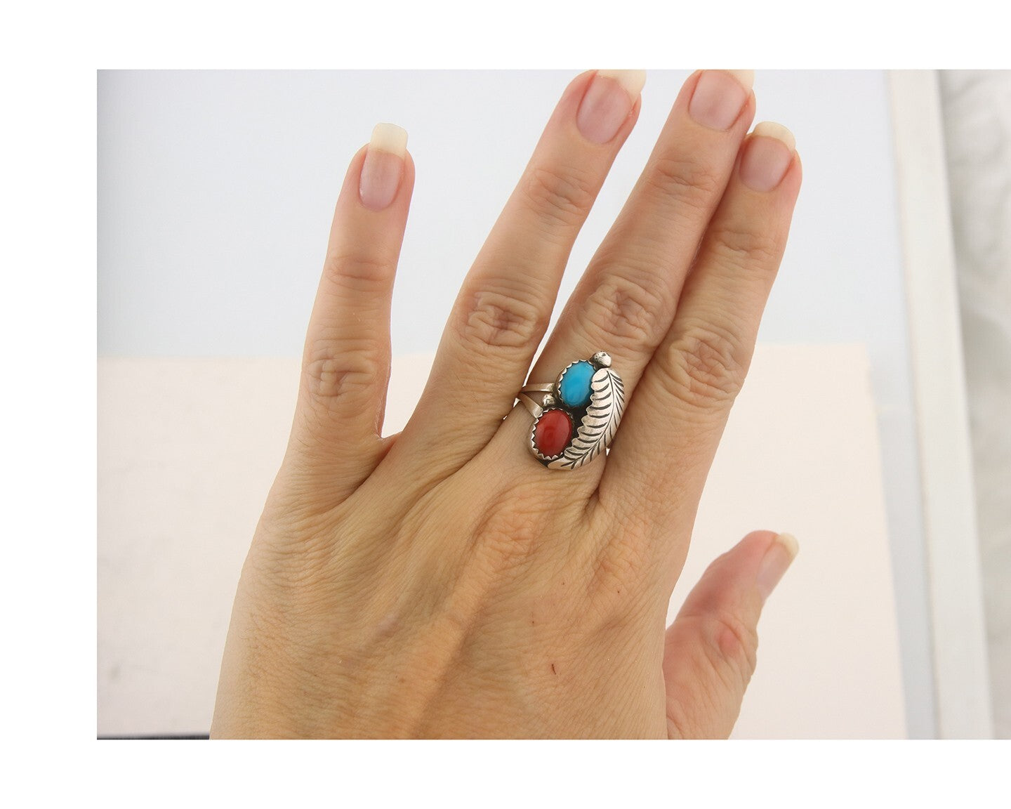 Navajo Ring 925 Sterling Natural Coral & Turquoise Signed BB C.80's Size 6.0