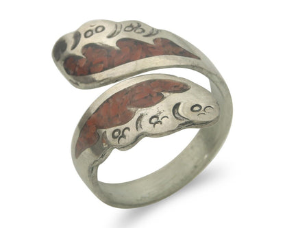 Navajo Ring 925 Silver Inlaid Natural Coral Native Artist C.80's Size 7.0