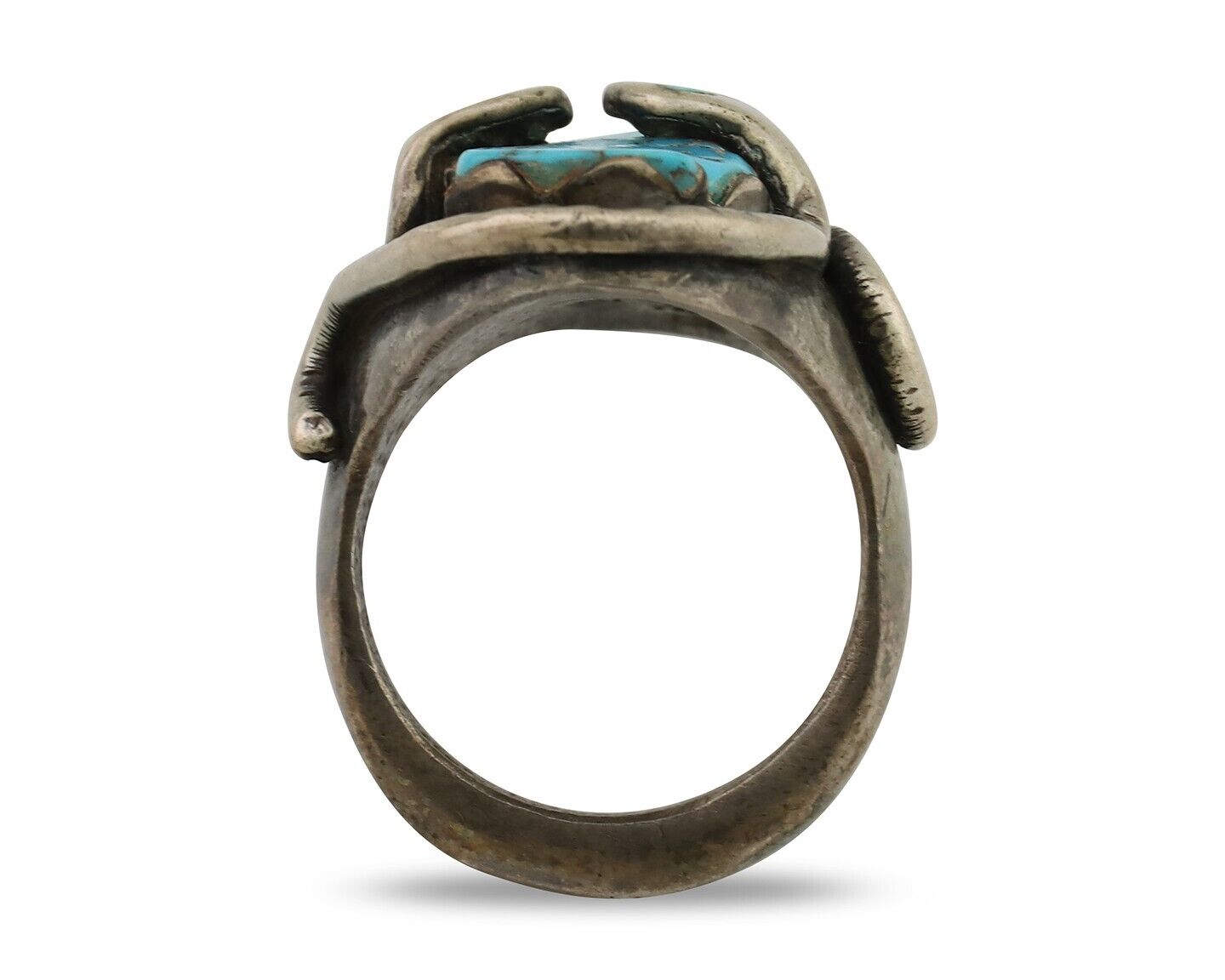 Mens Heavy Zuni Snake Ring 925 Silver Turquoise Signed EFFIE CALAVASA C.80's